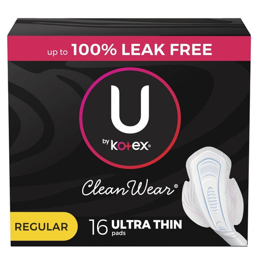 U by Kotex CleanWear Ultra Thin Feminine Pads with Wings, Regular Absorbency, 16 Count