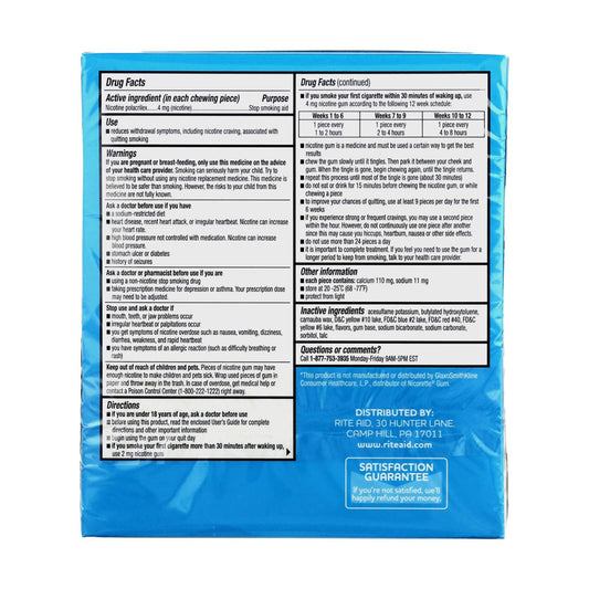 Rite Aid Nicotine Gum, Original Flavor, 4 mg - 110 Count | Quit Smoking Aid | Nicotine Replacement Gum| Stop Smoking Aids That Work Quick | Chewing Gum to Help You Quit Smoking | Uncoated Nicotine Gum