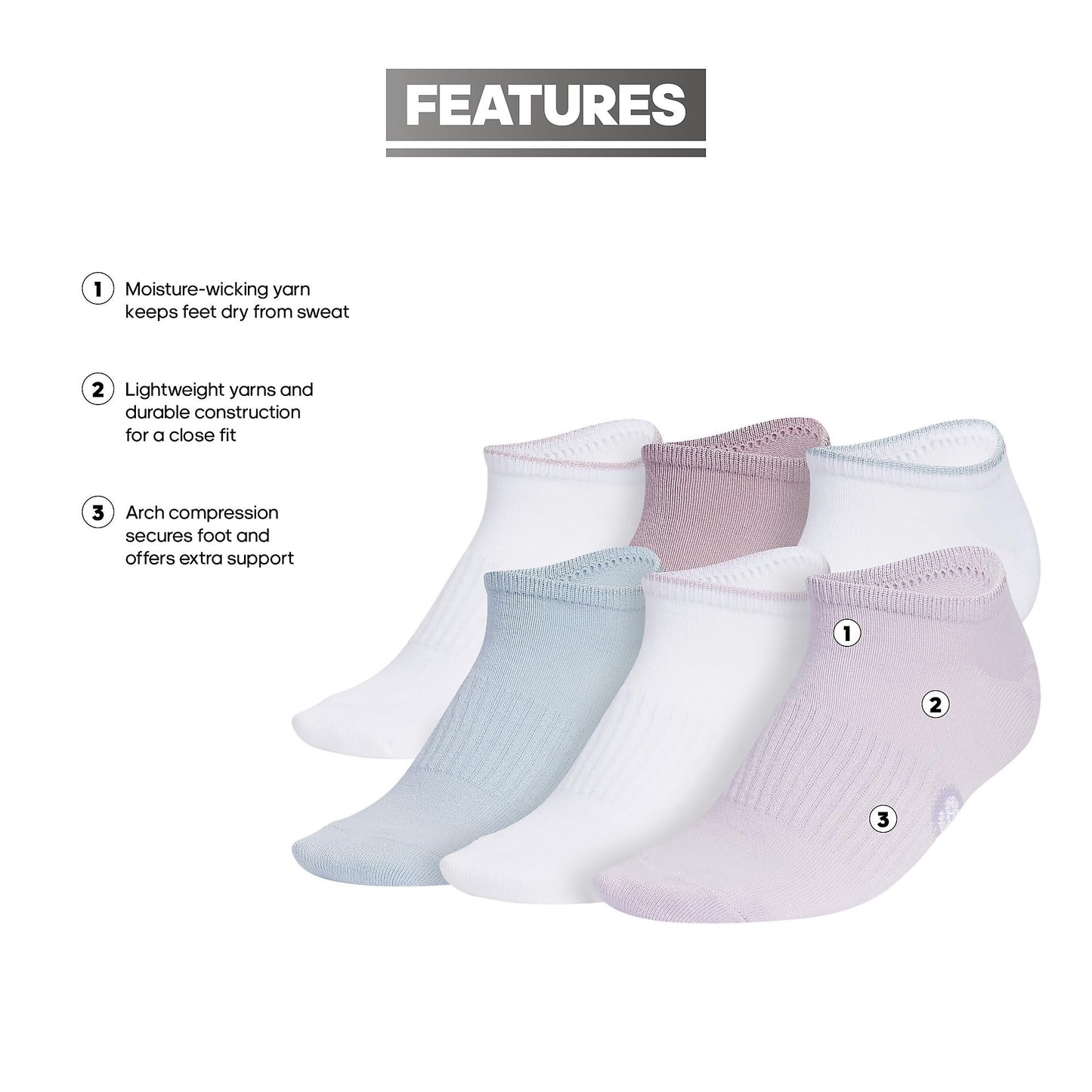 adidas Women's Classic Superlite Low-Profile No Show Socks (6-Pair) with Arch Compression for Non-Slip Fit and Breathable Comfort