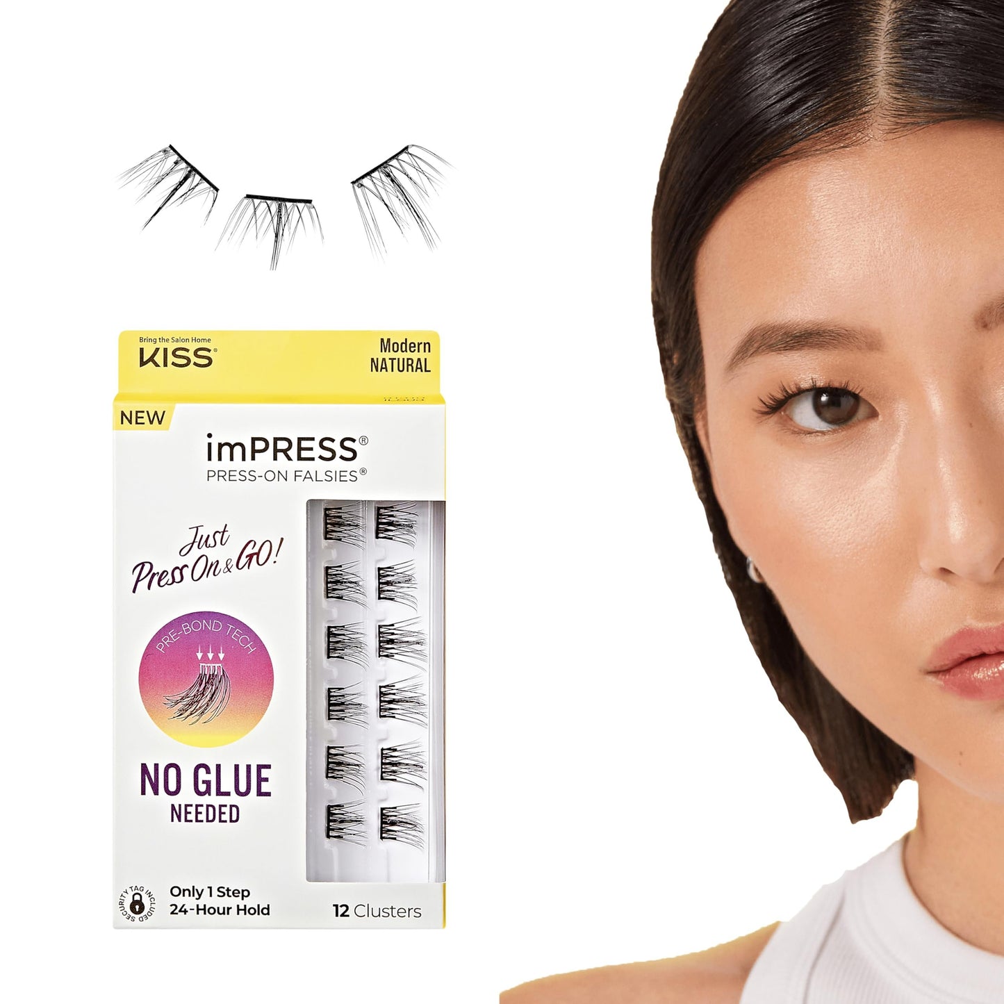KISS imPRESS False Eyelashes, Lash Clusters, Falsies, Authentic Natural', 12mm-14mm, Includes 12 pieces of pre-bonded lashes, Contact Lens Friendly, Easy to Apply, Reusable Strip Lashes