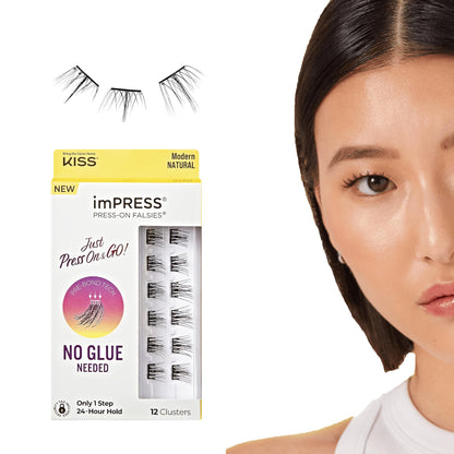 KISS imPRESS False Eyelashes, Lash Clusters, Falsies, Authentic Natural', 12mm-14mm, Includes 12 pieces of pre-bonded lashes, Contact Lens Friendly, Easy to Apply, Reusable Strip Lashes
