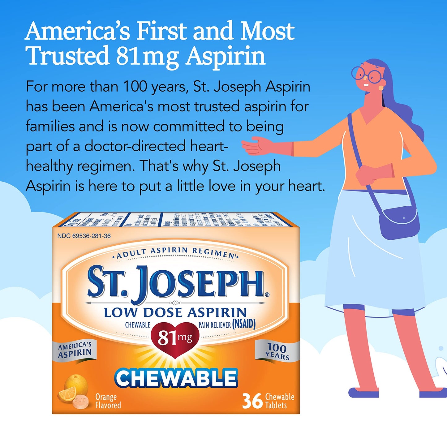 St. Joseph Aspirin Pain Reliever (NSAID) 81mg, Chewable Orange Tablets, Adult Low Dose Regimen, 36 ct