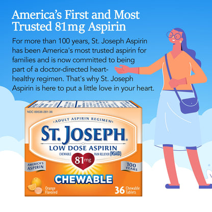 St. Joseph Aspirin Pain Reliever (NSAID) 81mg, Chewable Orange Tablets, Adult Low Dose Regimen, 36 ct