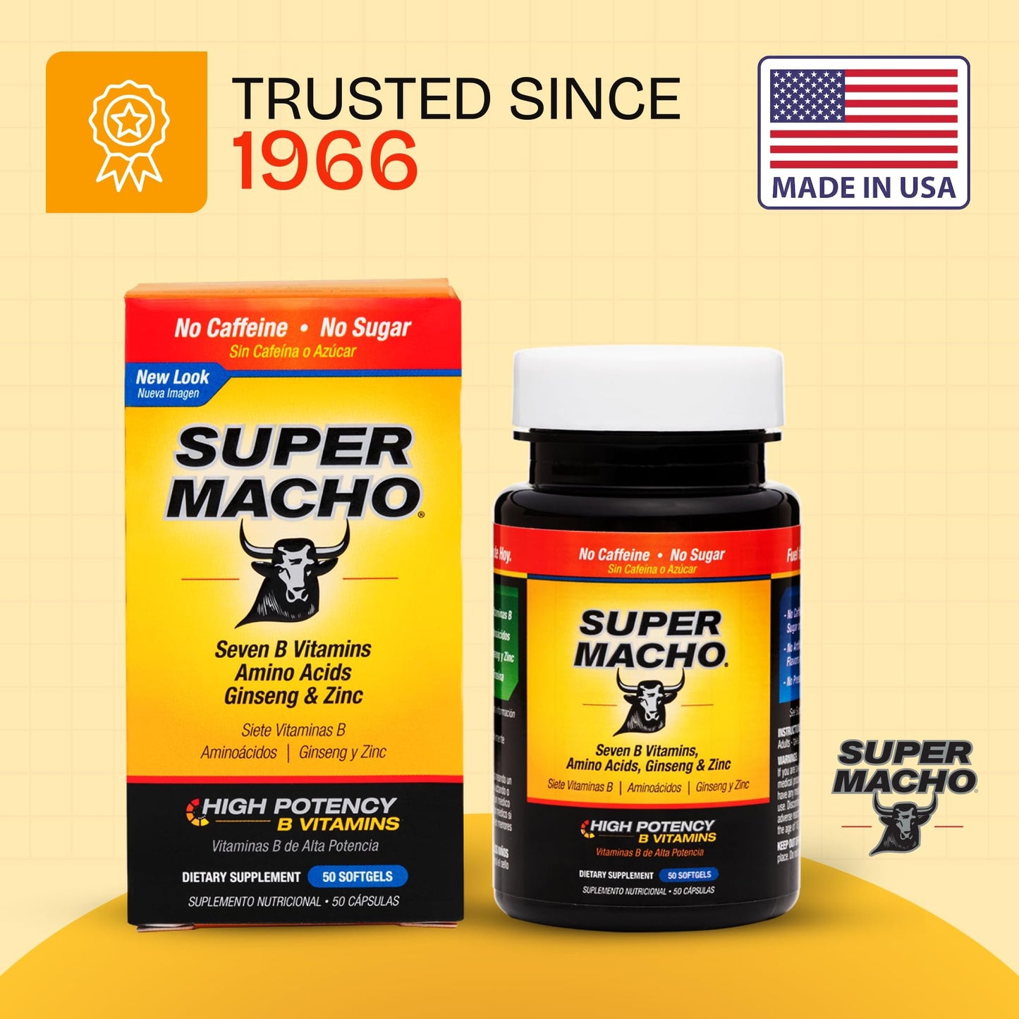 Super Macho, High Potency B Vitamins and Amino Acids, Fuel for Today's Active Men, No Caffeine, No Sugar, Dietary Supplement, Made in USA,50 Softgels