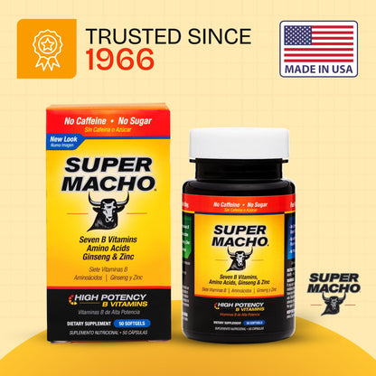 Super Macho, High Potency B Vitamins and Amino Acids, Fuel for Today's Active Men, No Caffeine, No Sugar, Dietary Supplement, Made in USA,50 Softgels