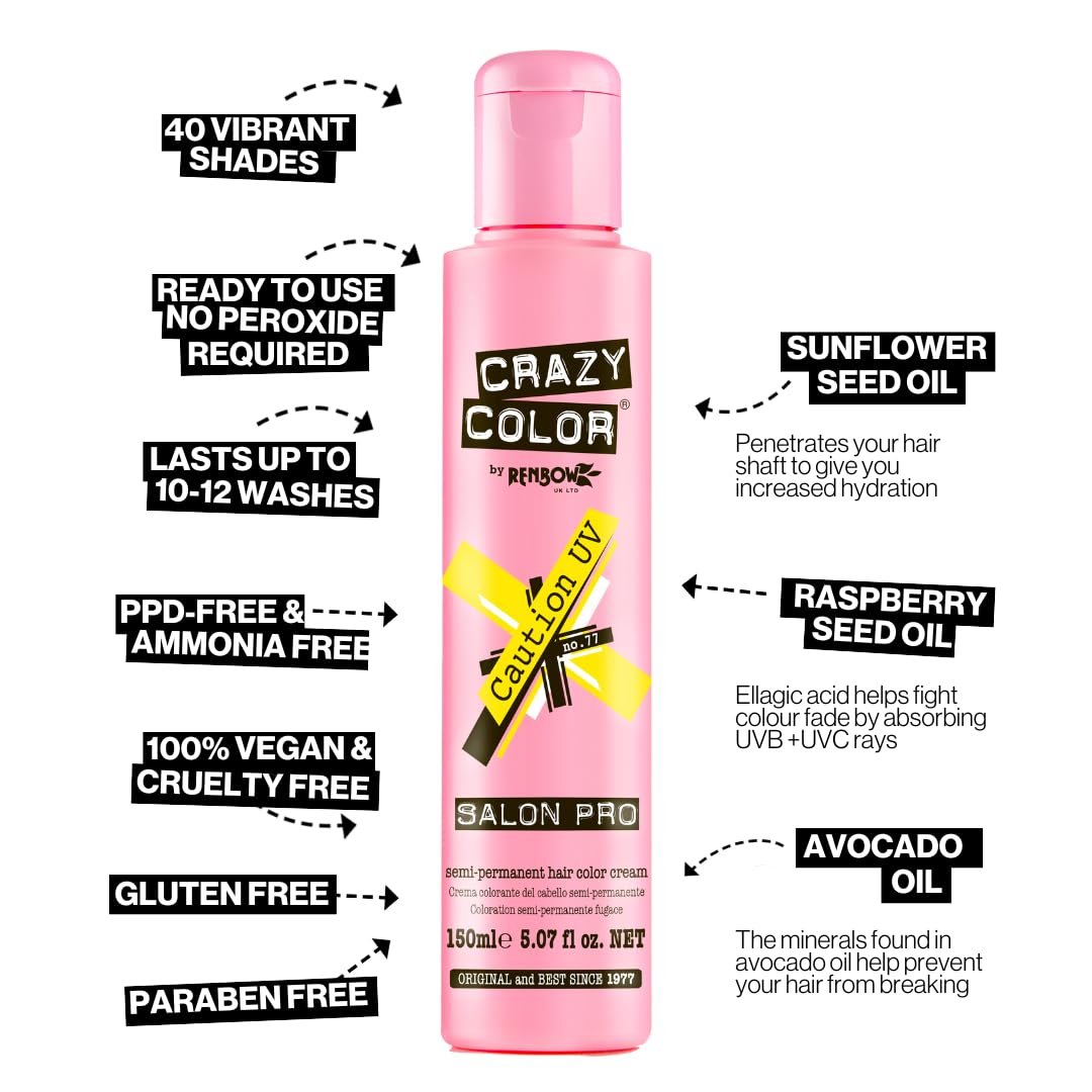 Crazy Color Crazy Color Salon Pro Semi Permanent Hair Color - 77 Caution Hair Color Women 5.07 oz