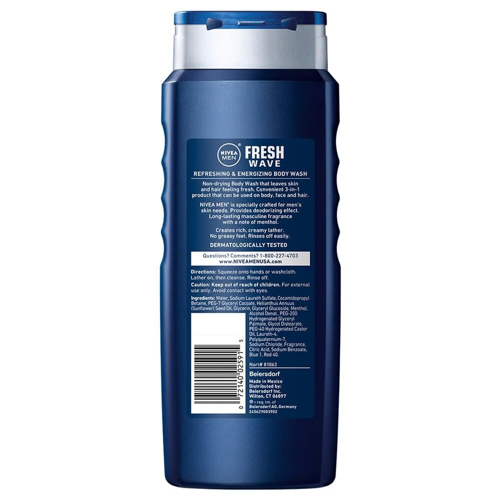 Nivea Men Fresh Wave, Refreshing & Energizing Body Wash with Menthol, 3 in 1, Body, Face & Hair, 16.9 Fl Oz