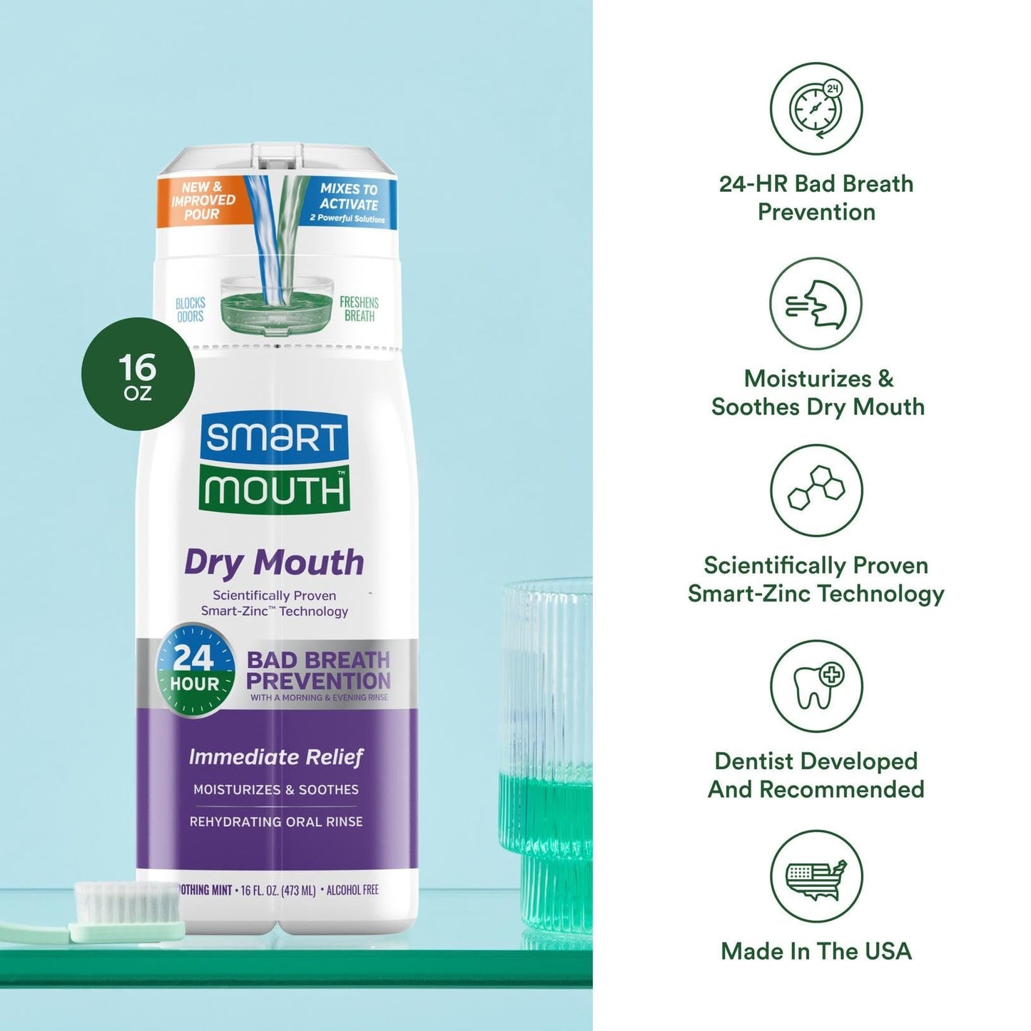 SmartMouth Activated Dry Mouth Mouthwash, Dry Mouth and Bad Breath Relief, Mint, 16 fl oz, 1 Pack