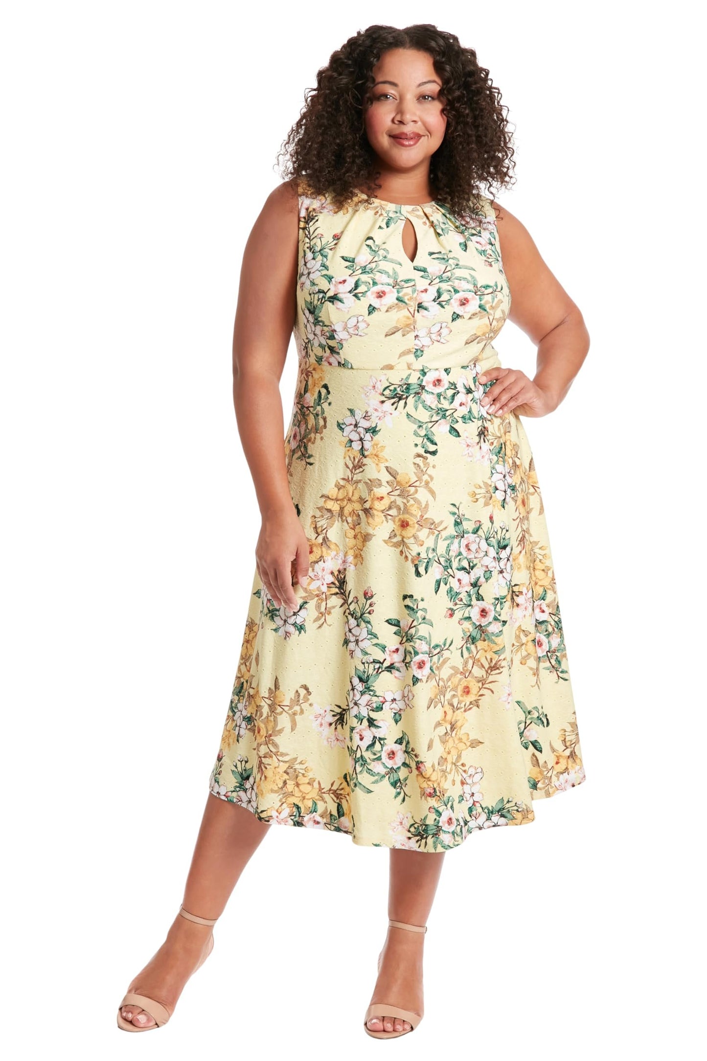 London Times Women's Dresses Printed Sleeveless Versatile Empire A-Line Keyhole Neckline Midi Dress