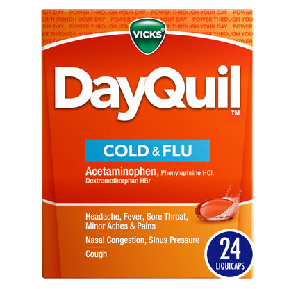 Vicks DayQuil LiquiCaps, Cough, Cold & Flu Relief, Sore Throat, Fever, & Congestion Relief, Non- Drowsy, 24 LiquiCaps