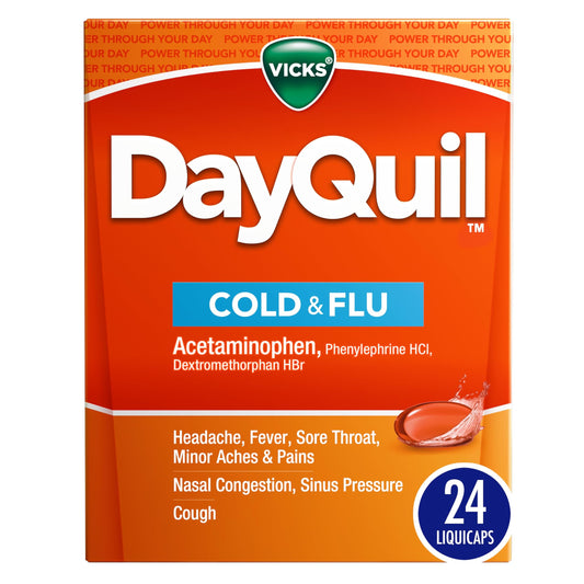 Vicks DayQuil LiquiCaps, Cough, Cold & Flu Relief, Sore Throat, Fever, & Congestion Relief, Non- Drowsy, 24 LiquiCaps