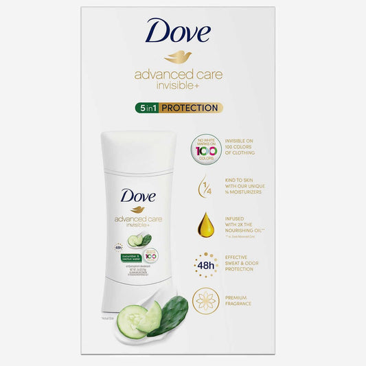 Dove Advanced Care Invisible+ Antiperspirant Deodorant Stick, Cucumber and Cactus Water, 2.6 oz, 4 ct