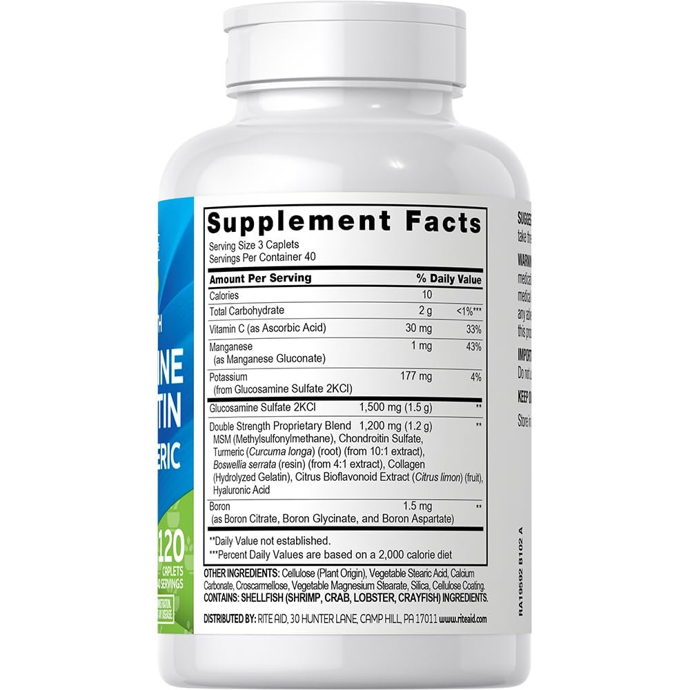 Rite Aid Glucosamine Hydrochloride Caplet - Joint Support Supplement, Antioxidant Properties, Helps with Inflammatory Response, Occasional Discomfort Relief for Back, Knees & Hands