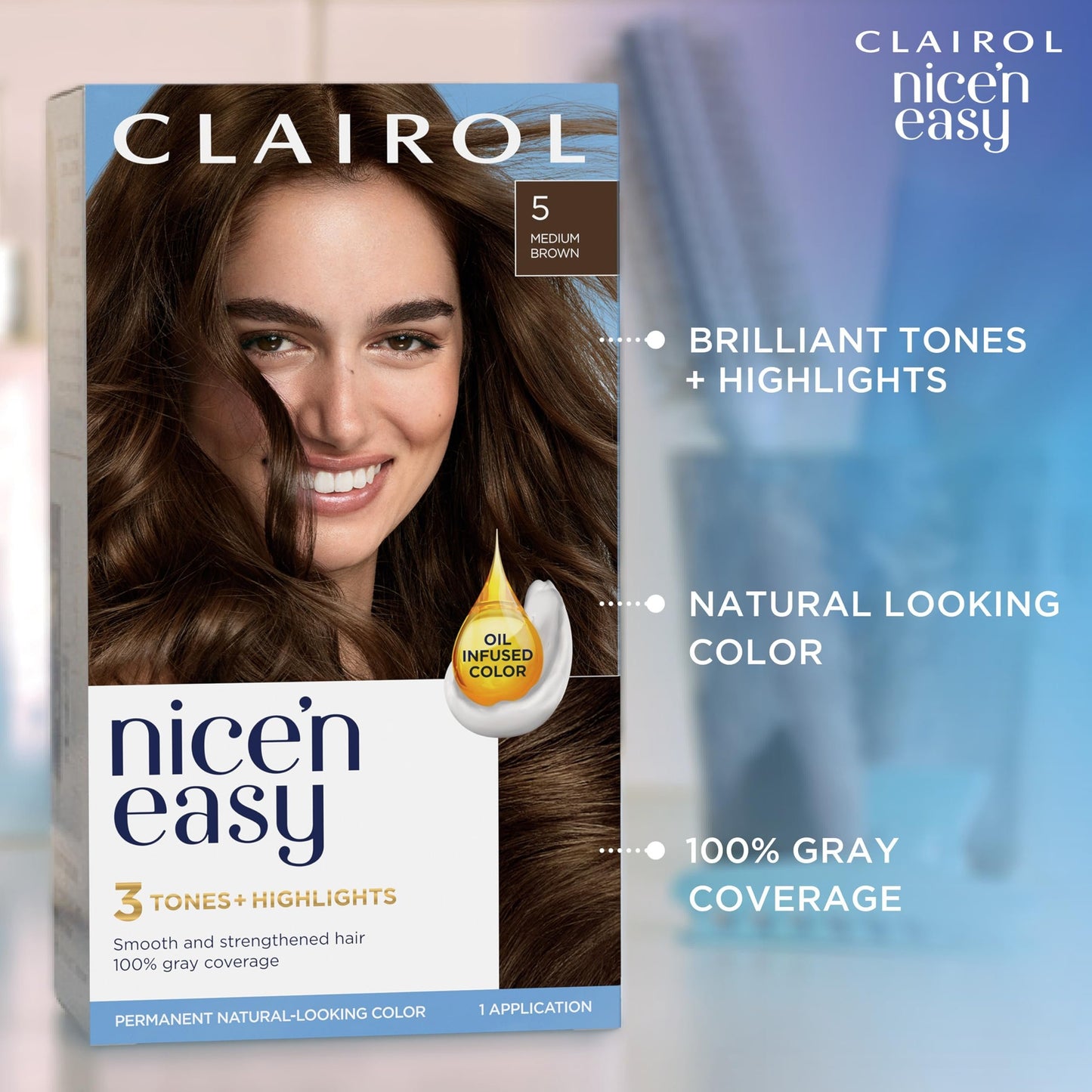 Clairol Nice'n Easy Permanent Hair Dye, Natural-Looking Brown Hair Color with 100% Gray Coverage
