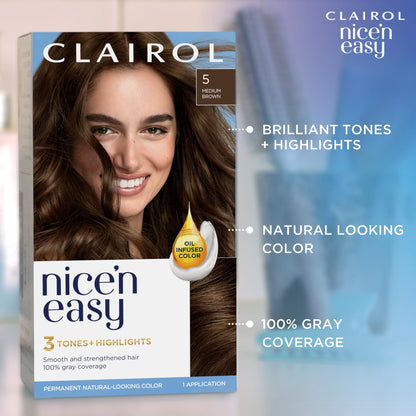 Clairol Nice'n Easy Permanent Hair Dye, Natural-Looking Brown Hair Color with 100% Gray Coverage