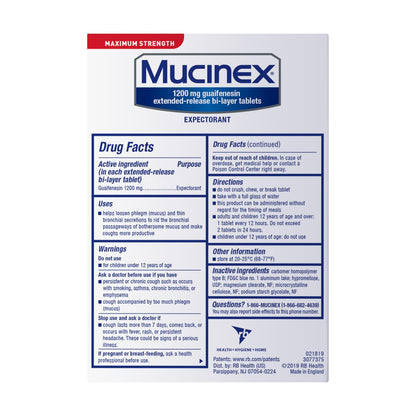 Chest Congestion, Mucinex Maximum Strength 12 Hour Release Tablets, 14ct, 1200 mg Guaifenesin with Extended Relief of Chest Congestion Caused by Excess Mucus, Thins and loosens Mucus