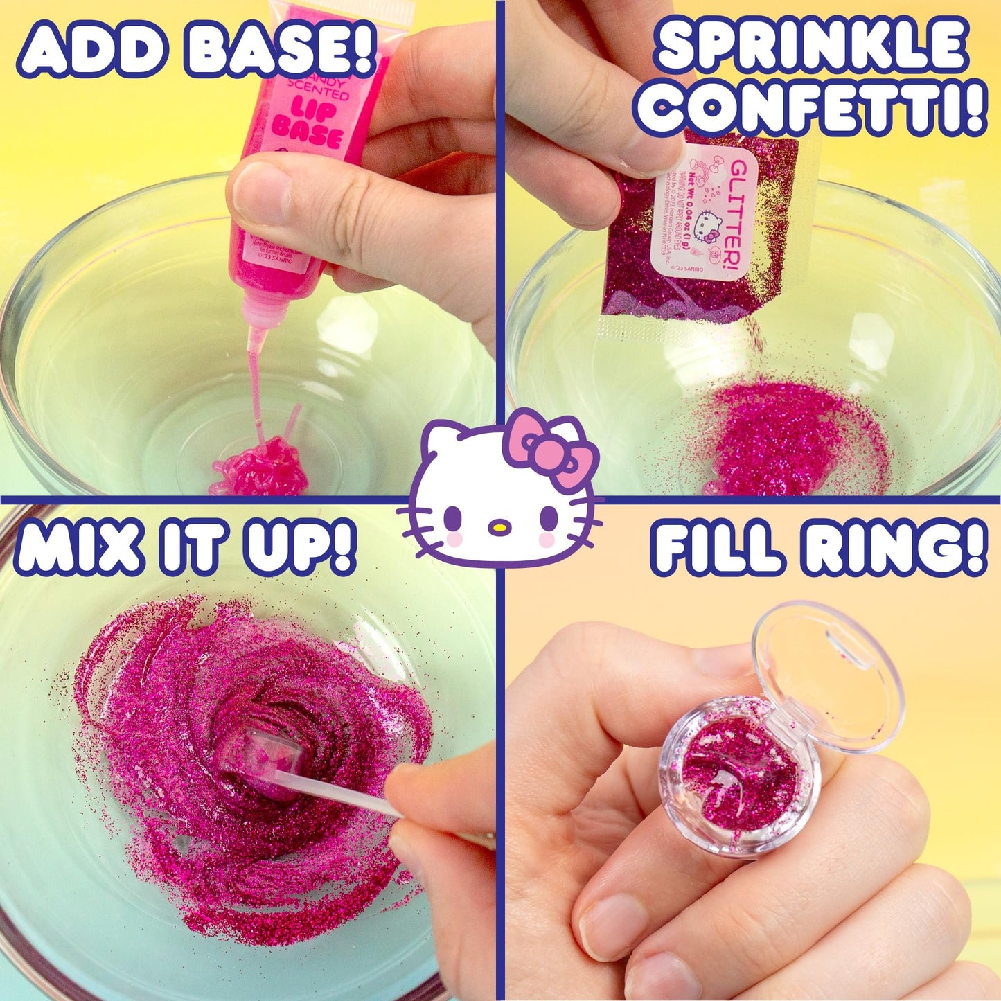 Horizon Group USA Sanrio Hello Kitty and Friends Shimmer Lip Gloss Making Kit, Makes 5 Hello Kitty Glitter Lip Gloss Rings, DIY Hello Kitty Lip Gloss Kit, Great Birthday Gift for Ages 6+