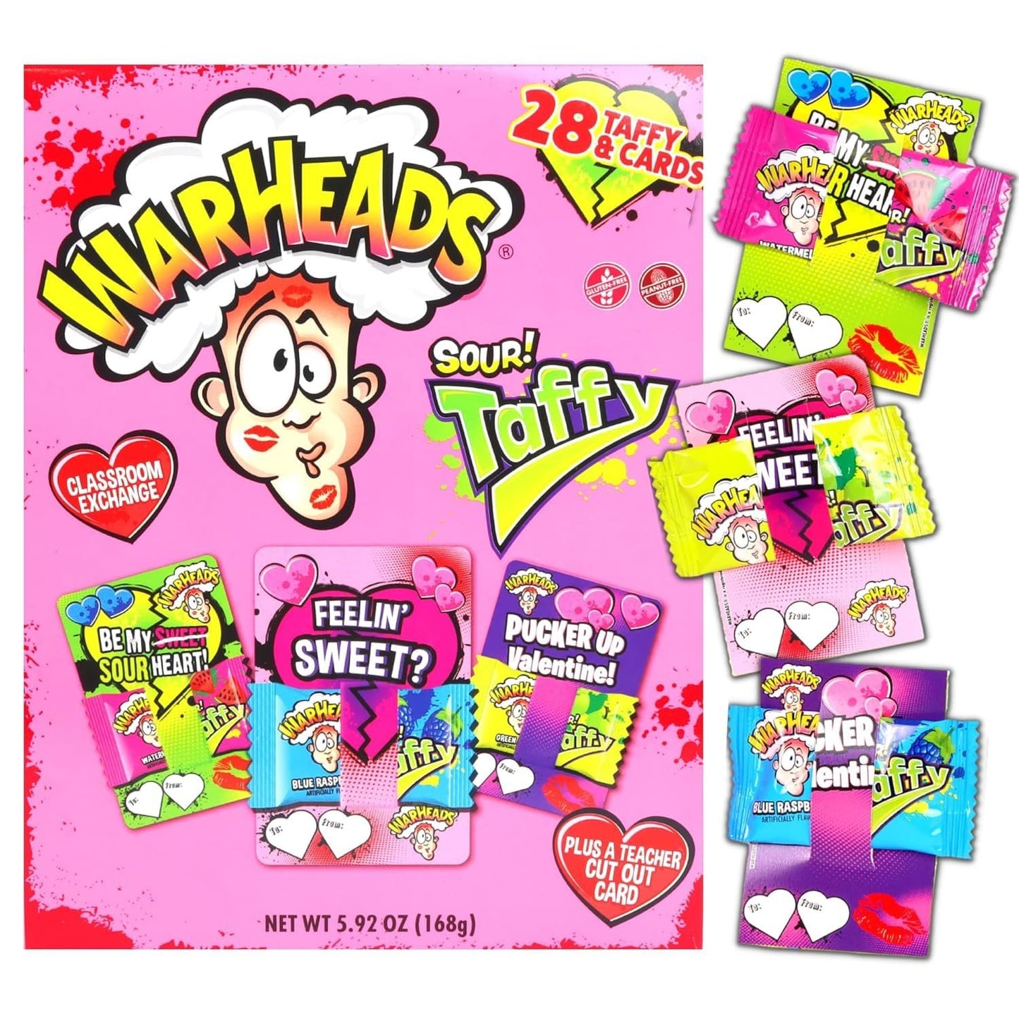 Imaginings 3 Warheads Valentines Exchange Kit, Sweet and Sour Candy Handouts for Classroom Parties, 28 Count Taffy and Cards, 5.92 Ounces