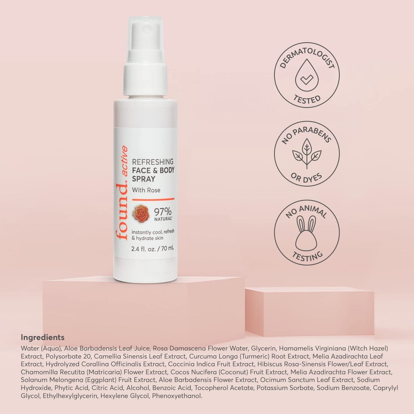 Found Active Refreshing Multitasking Face & Body Spray with Rose Instantly Cools, Refreshes, & Hydrates Skin, 2.4 Fl Oz