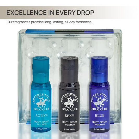 Beverly Hills Polo Club Men's Body Spray Collection Gift Set Featuring Luxury Designer Cologne Scents for Long Lasting Freshness BHPC 3 oz 3 Count