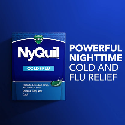 Vicks NyQuil Cold & Flu Relief Over-the-Counter Medicine, Powerful Multi-Symptom Nighttime Relief for Headache, Fever, Sore Throat, Minor Aches and Pains, Sneezing, Runny Nose, and Cough, 24 Liquicaps