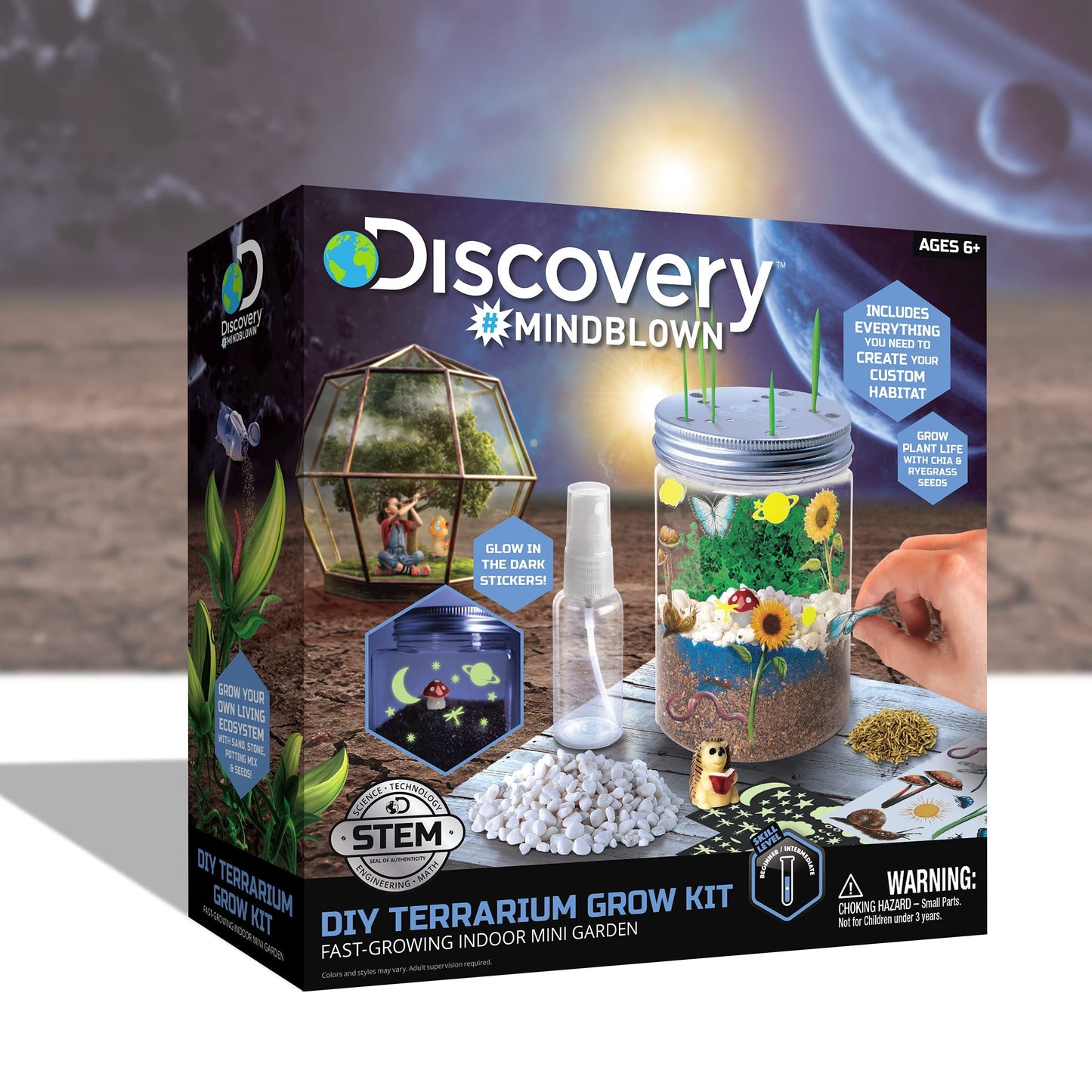 Discovery #MINDBLOWN DIY Terrarium Grow Kit, Fast-Growing Indoor Mini Garden, Create A Living Ecosystem, Includes Sand, Seeds, Potting Mix, Stones and More