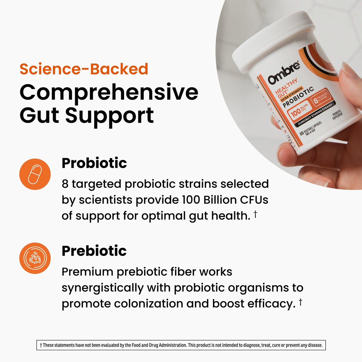 Ombre Healthy Gut Probiotics for Digestive Health 100 Billion CFU - Prebiotics and Probiotics for Women & Men with Lactobacillus Acidophilus & Digestive Enzymes, Gut Health Support, Vegan, 30 Servings