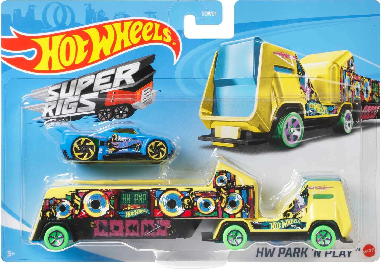 Hot Wheels Toy Car & Truck, Super Rigs 1:64 Scale Race Car & Matching Semi Truck Transporter (Styles May Vary)