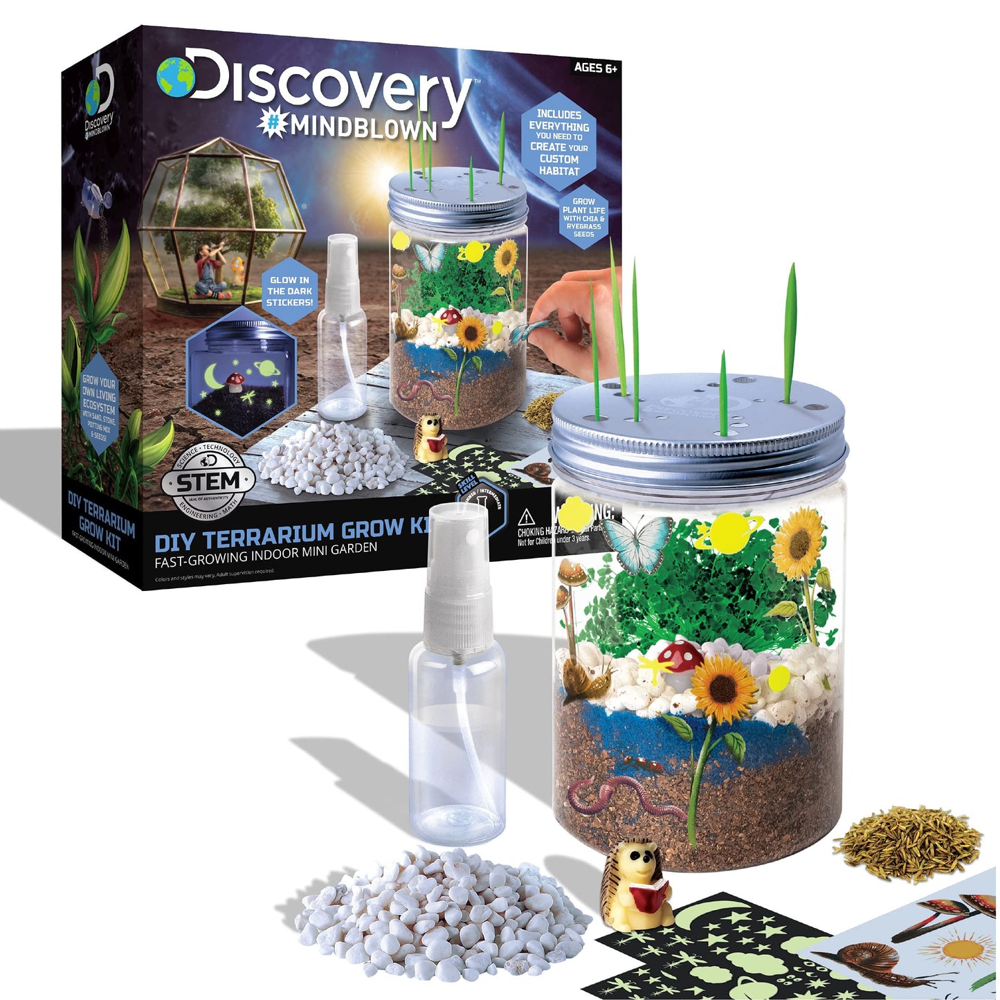 Discovery #MINDBLOWN DIY Terrarium Grow Kit, Fast-Growing Indoor Mini Garden, Create A Living Ecosystem, Includes Sand, Seeds, Potting Mix, Stones and More
