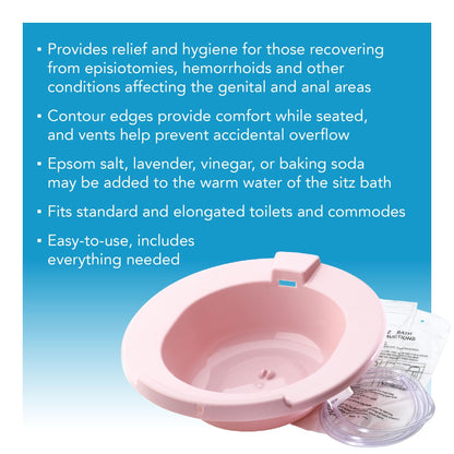 Carex Health Brands Sitz Bath, Over-the-Toilet Perineal Soaking Bath for Hemorrhoidal Relief, Ideal for Post-Episiotomy Patients, Pink, 3 Piece Set