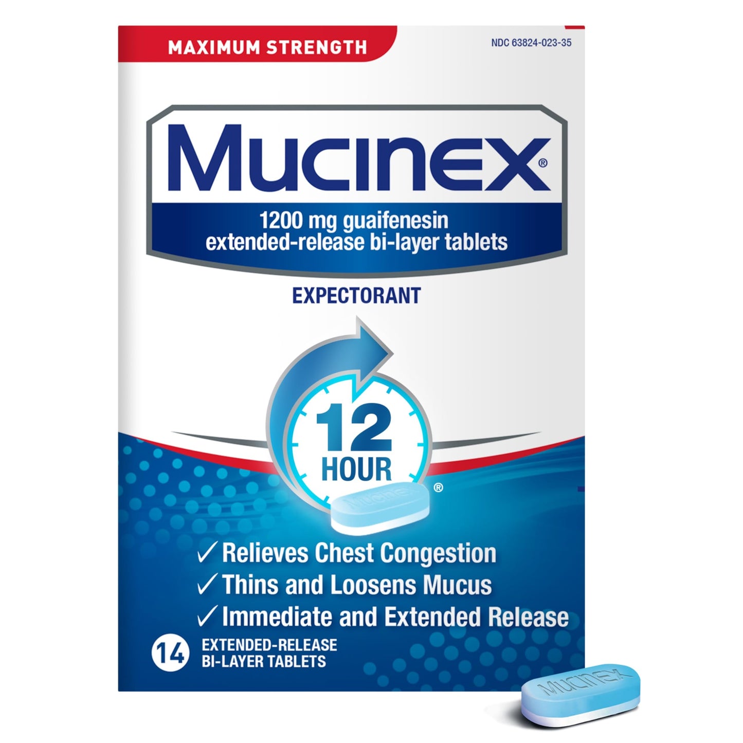 Chest Congestion, Mucinex Maximum Strength 12 Hour Release Tablets, 14ct, 1200 mg Guaifenesin with Extended Relief of Chest Congestion Caused by Excess Mucus, Thins and loosens Mucus