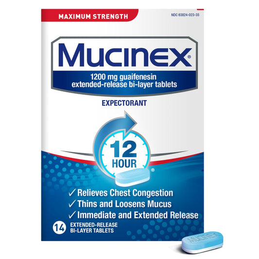 Chest Congestion, Mucinex Maximum Strength 12 Hour Release Tablets, 14ct, 1200 mg Guaifenesin with Extended Relief of Chest Congestion Caused by Excess Mucus, Thins and loosens Mucus