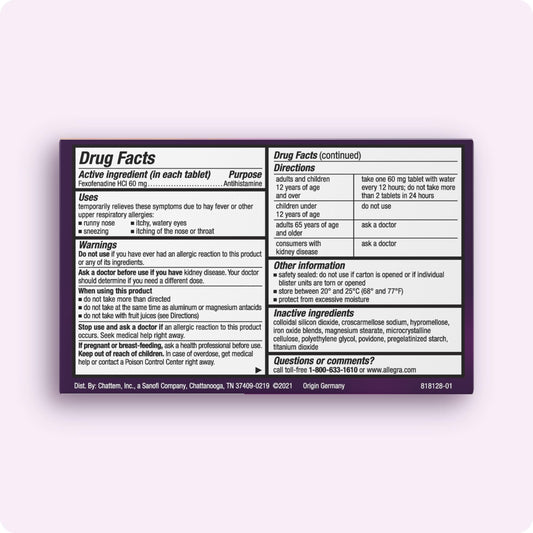 Allegra Adult Non-Drowsy Antihistamine Tablets for 12-Hour Allergy Relief, 60 mg, 24 Count