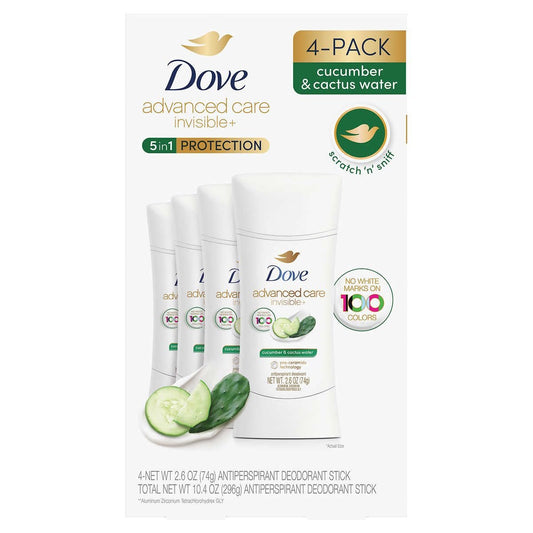 Dove Advanced Care Invisible+ Antiperspirant Deodorant Stick, Cucumber and Cactus Water, 2.6 oz, 4 ct