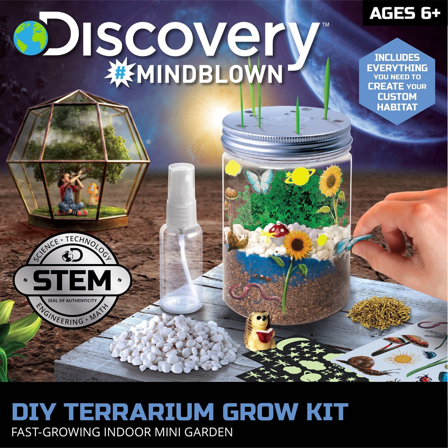 Discovery #MINDBLOWN DIY Terrarium Grow Kit, Fast-Growing Indoor Mini Garden, Create A Living Ecosystem, Includes Sand, Seeds, Potting Mix, Stones and More