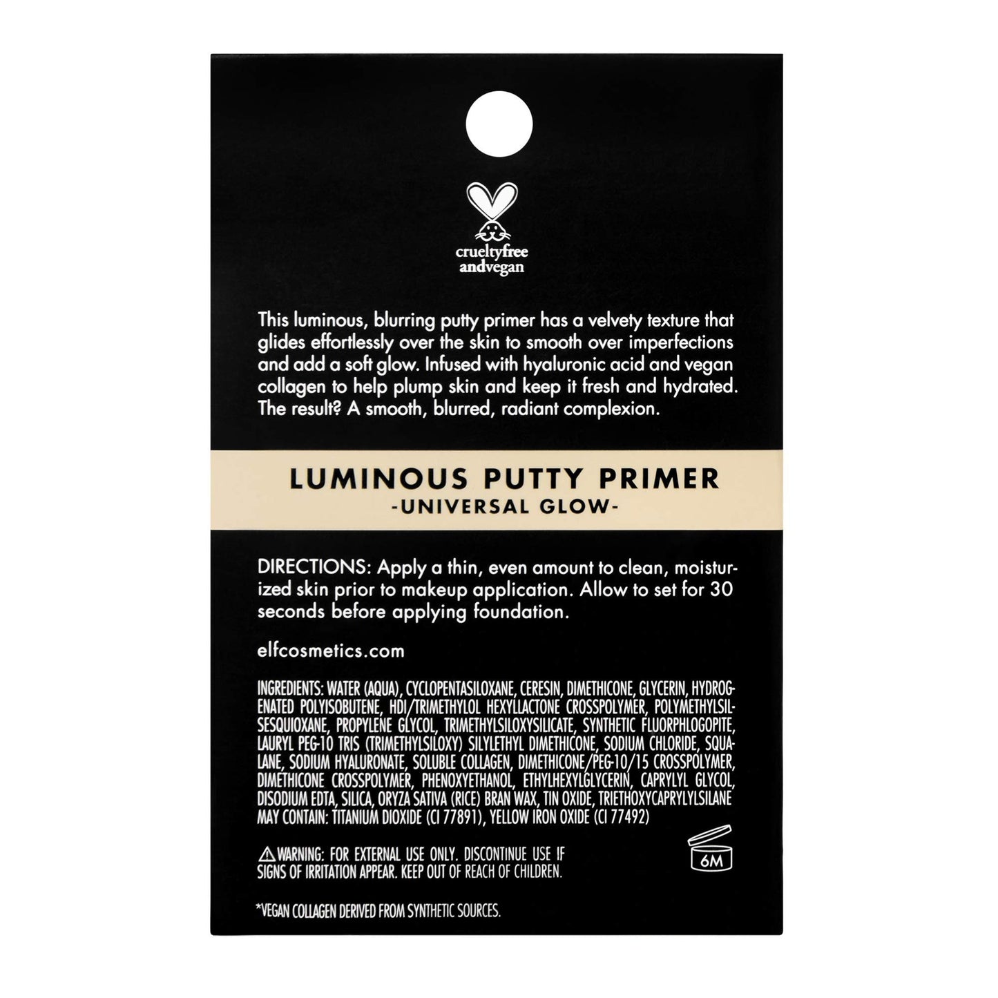 e.l.f. Luminous Putty Primer, Skin Perfecting, Lightweight, Silky, Long Lasting, Hydrates, Creates a Smooth Base, Illuminates, Plumps, Infused with hyaluronic acid and vegan collagen, 0.74 Oz