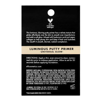 e.l.f. Luminous Putty Primer, Skin Perfecting, Lightweight, Silky, Long Lasting, Hydrates, Creates a Smooth Base, Illuminates, Plumps, Infused with hyaluronic acid and vegan collagen, 0.74 Oz