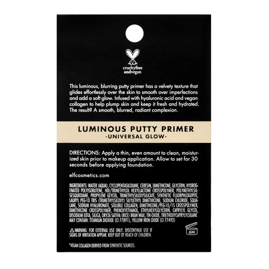 e.l.f. Luminous Putty Primer, Skin Perfecting, Lightweight, Silky, Long Lasting, Hydrates, Creates a Smooth Base, Illuminates, Plumps, Infused with hyaluronic acid and vegan collagen, 0.74 Oz