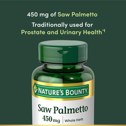 Nature's Bounty Saw Palmetto, Herbal Health Supplement, Prostate and Urinary Health, 450 mg, 100 Capsules
