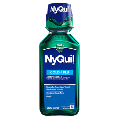 Vicks NyQuil, Nighttime Cold & Flu Symptom Relief, Relives Aches, Fever, Sore Throat, Sneezing, Runny Nose, Cough, 12 Fl Oz, Original Flavor