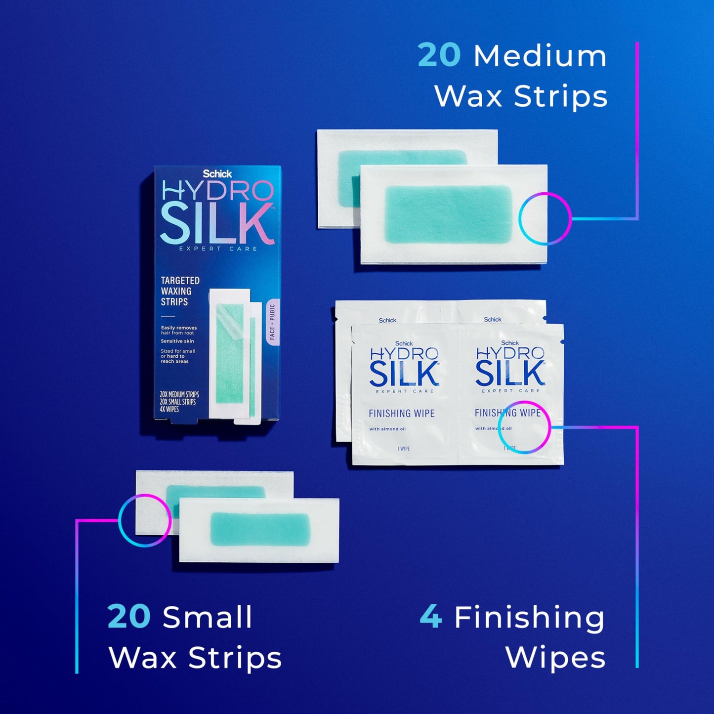 Schick Hydro Silk Targeted Waxing Strips | Soft Wax Strips for Body + Pubic Hair Removal, Eyebrow & Lip Waxing Strip, Bikini Wax Kit for Women