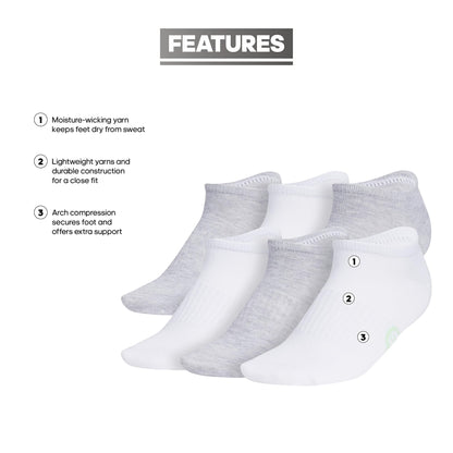 adidas Women's Classic Superlite Low-Profile No Show Socks (6-Pair) with Arch Compression for Non-Slip Fit and Breathable Comfort