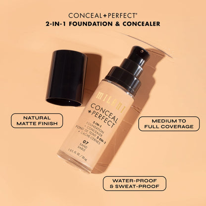 Milani Conceal + Perfect 2-in-1 Foundation + Concealer for a Flawless Complexion, Under Eye Corrector, Cover Redness and Imperfections, Waterproof and Sweatproof