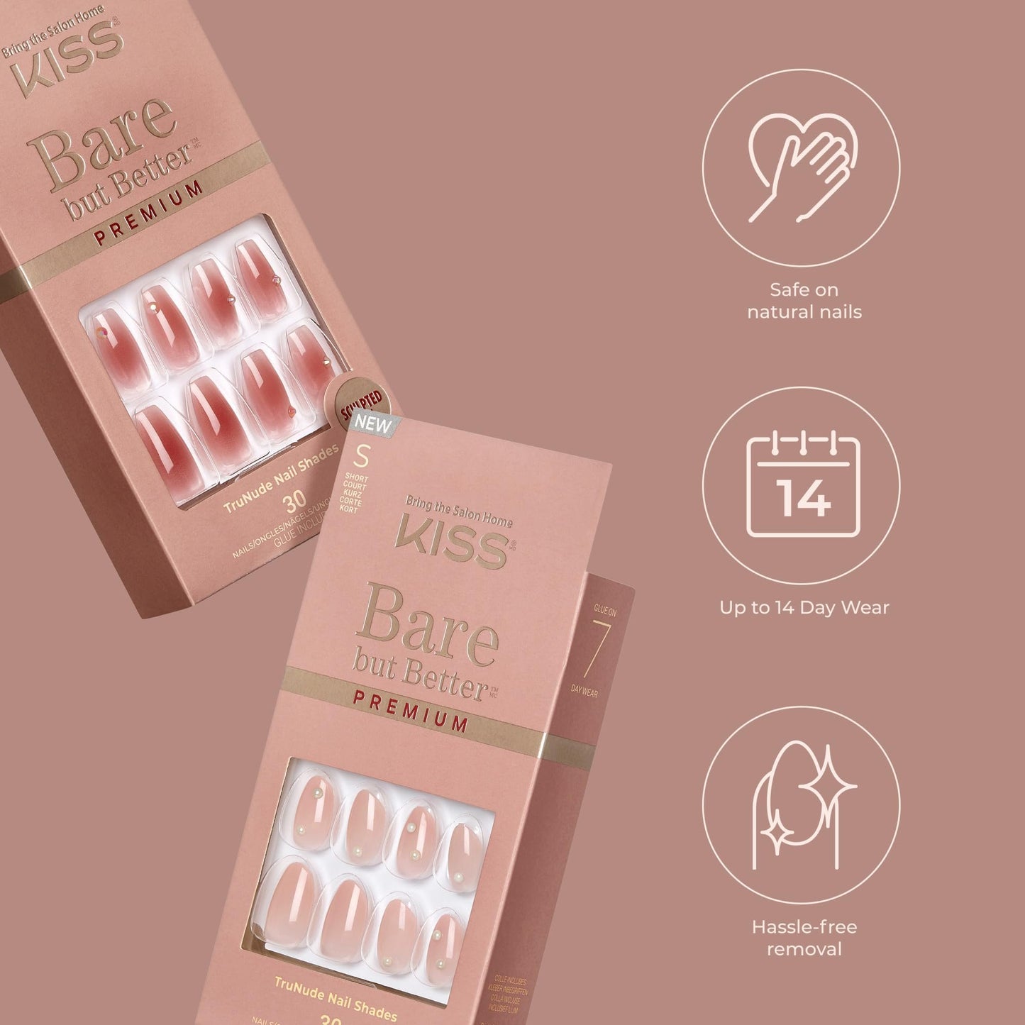 KISS Bare But Better, Press-On Nails, Nail glue included, Spicy', Light Pink, Short Size, Squoval Shape, Includes 30 Nails, 2G Glue, 1 Manicure Stick, 1 Mini File