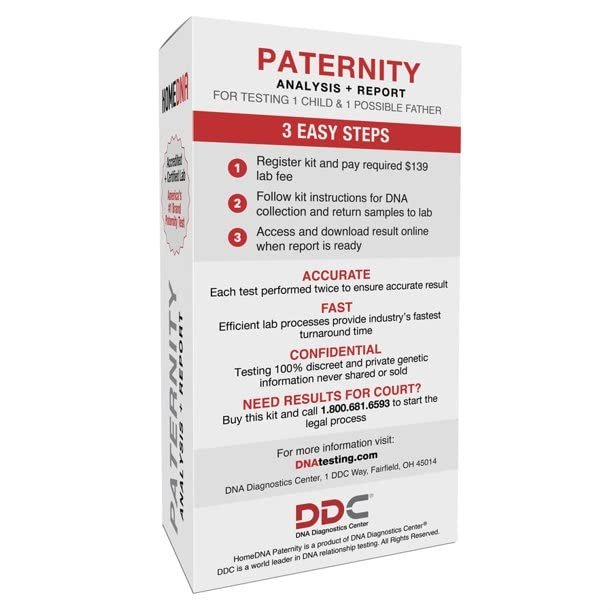 HOMEDNA Paternity Analysis + Report. Accredited + certified lab. America's no. 1 brand paternity test. Simple cheek swab. 1Kit