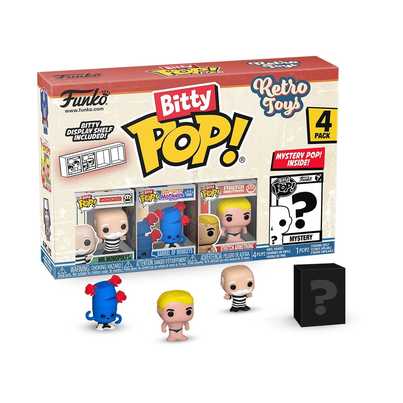 Funko Bitty POP Retro Toys - Mr. Monopoly, 4-Pack and A Surprise Mystery Mini Figure - 0.9 Inch (2.2 Cm) - Transformers Classic Collectable - Stackable Display Shelf Included - Gift Idea