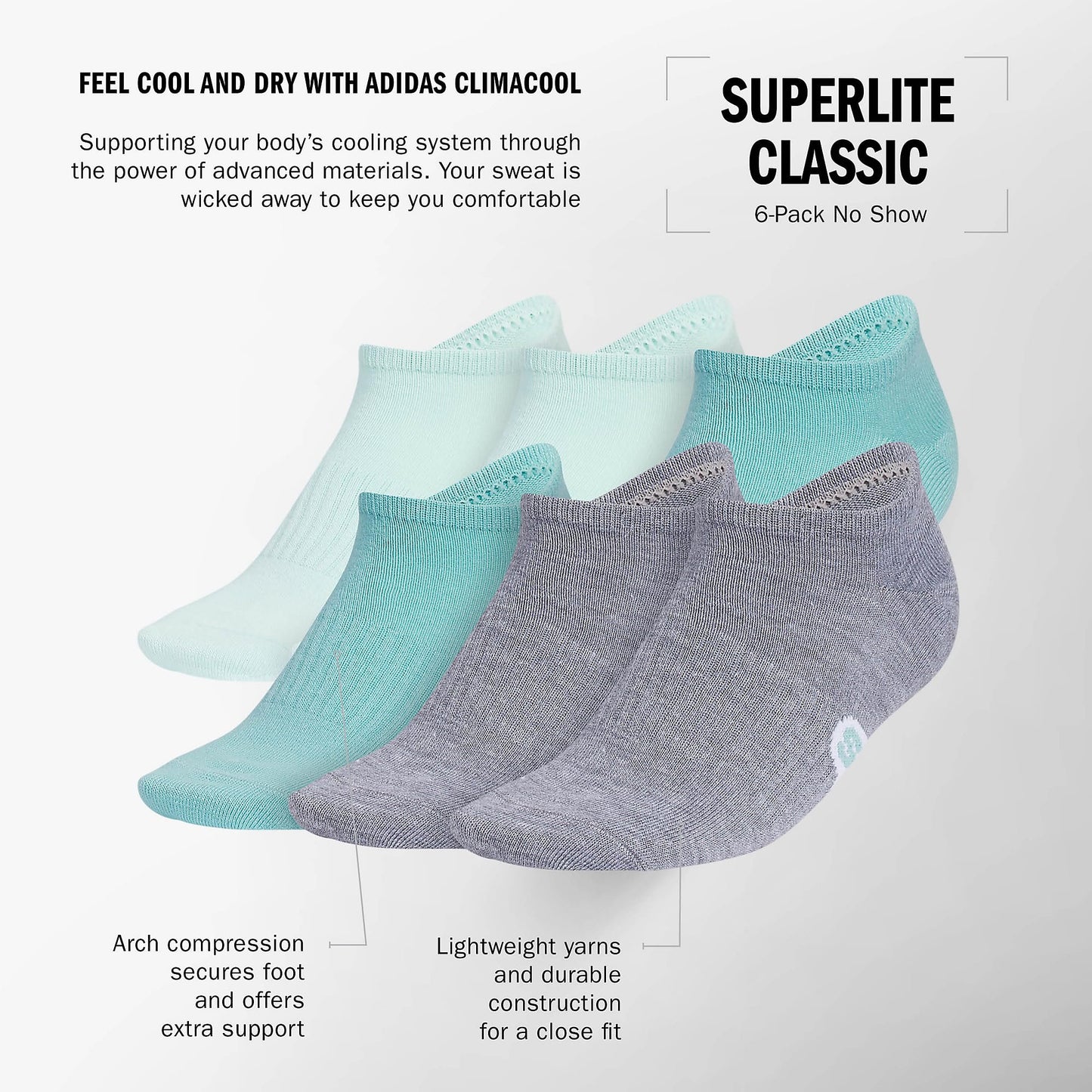 adidas Women's Classic Superlite Low-Profile No Show Socks (6-Pair) with Arch Compression for Non-Slip Fit and Breathable Comfort