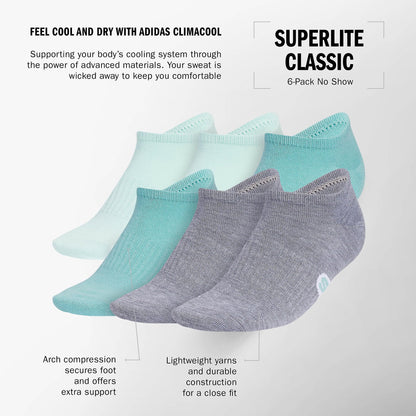 adidas Women's Classic Superlite Low-Profile No Show Socks (6-Pair) with Arch Compression for Non-Slip Fit and Breathable Comfort