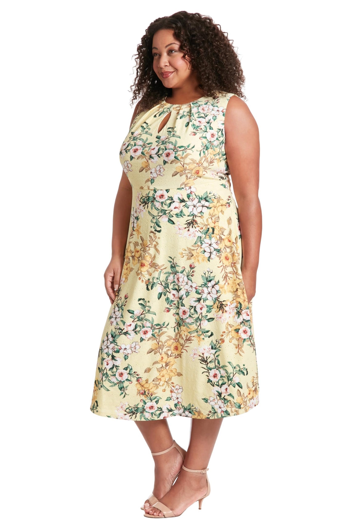 London Times Women's Dresses Printed Sleeveless Versatile Empire A-Line Keyhole Neckline Midi Dress