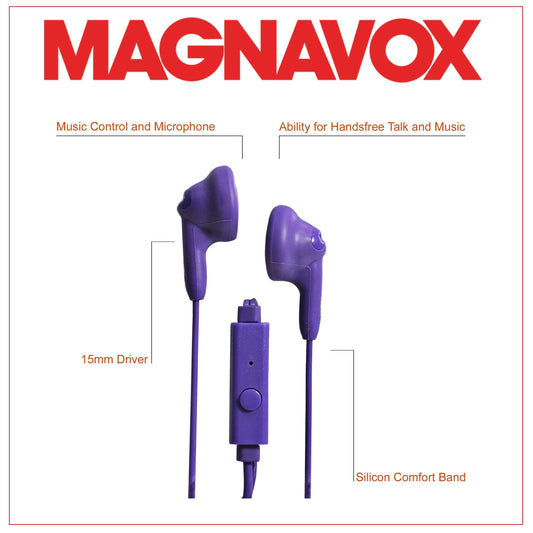 Magnavox MHP4820M-PL Gummy Earbuds with Microphone in Purple & Pink | Comfort Stereo Earbuds with Durable Rubberized Cable